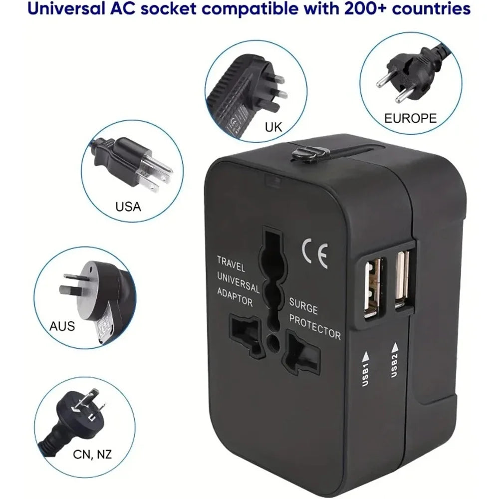 Universal Travel Adapter with Dual USB, UK to EU & Worldwide Plugs Travel Anywhere Without Worries ( Limited Stock )